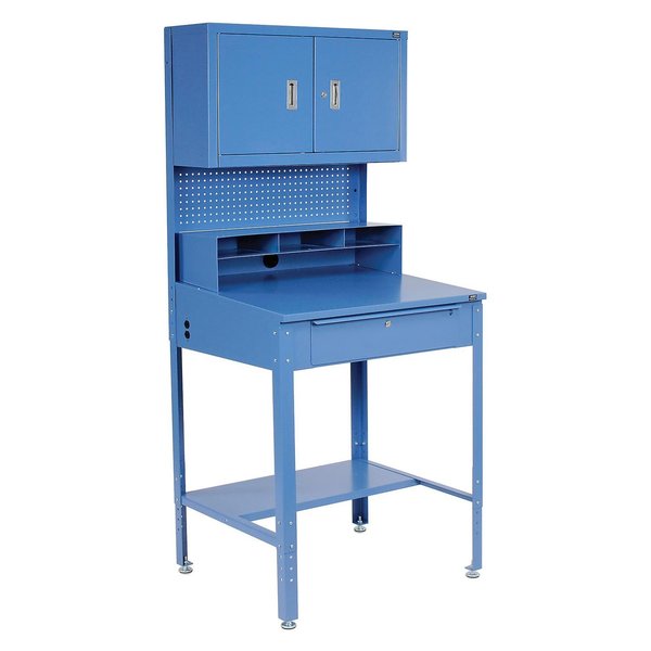 Global Industrial Shop Desk w/Pigeonhole Compartments, Cabinet Riser, 34-1/2W x 30D x 38 to 42-1/2H, Blue 249690
